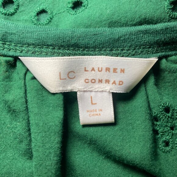 LC Lauren Conrad Peasant Blouse Womens L Drk Green Embroidery Flutter Sleeve EUC - Picture 5 of 12